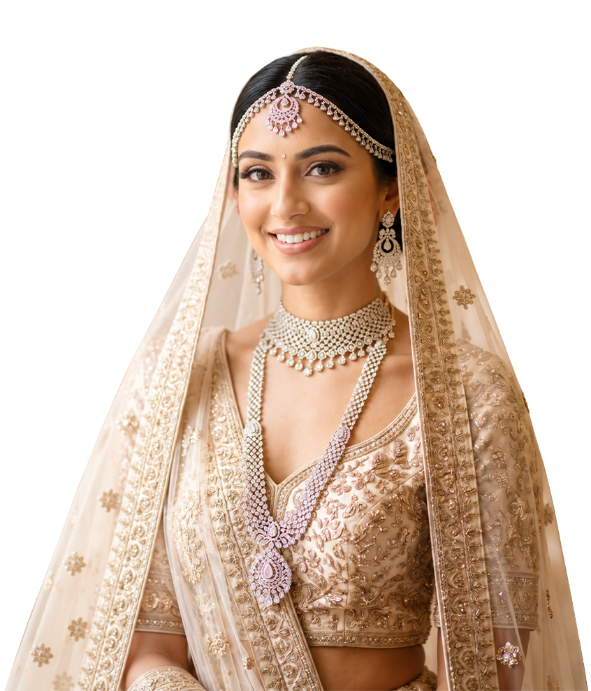 Beauty model with luminous makeup, gold earrings and a champagne satin shawl